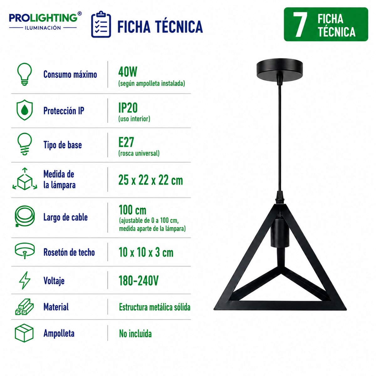 Lampara Colgante Pirámide Triangular Metal Negro Diseño Base E27