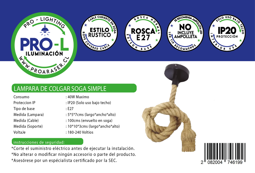Lampara Colgante Soga Simple Trenzada Yute Cañamo Base E27