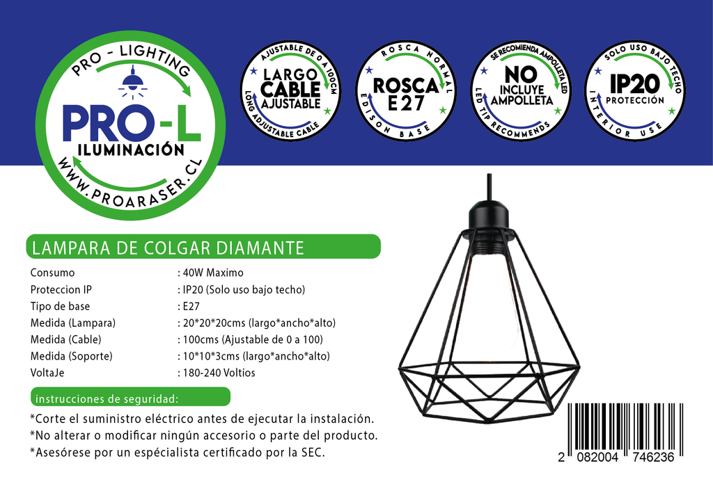 Lampara Colgante Diamante Negra Jaula Metal Abierta Base E27