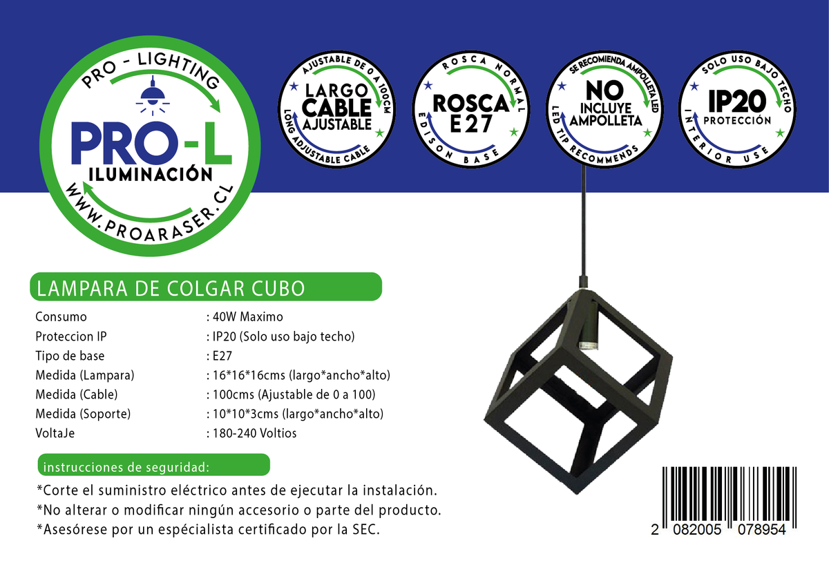 Lampara Colgante Cubo Metal Diseño Industrial Base E27