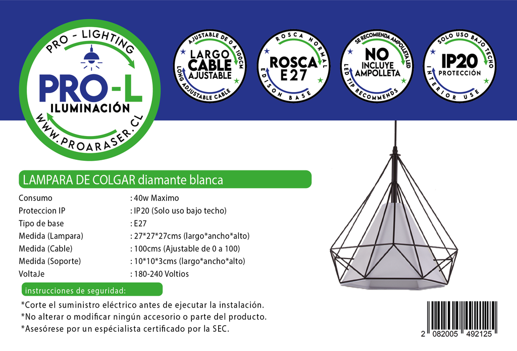 Lampara Colgante Diamante Blanca Jaula Metal Base E27