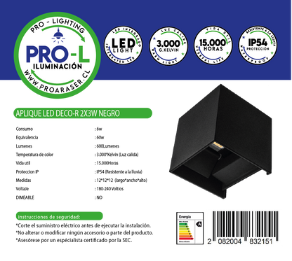 Aplique led 2x3w negro co