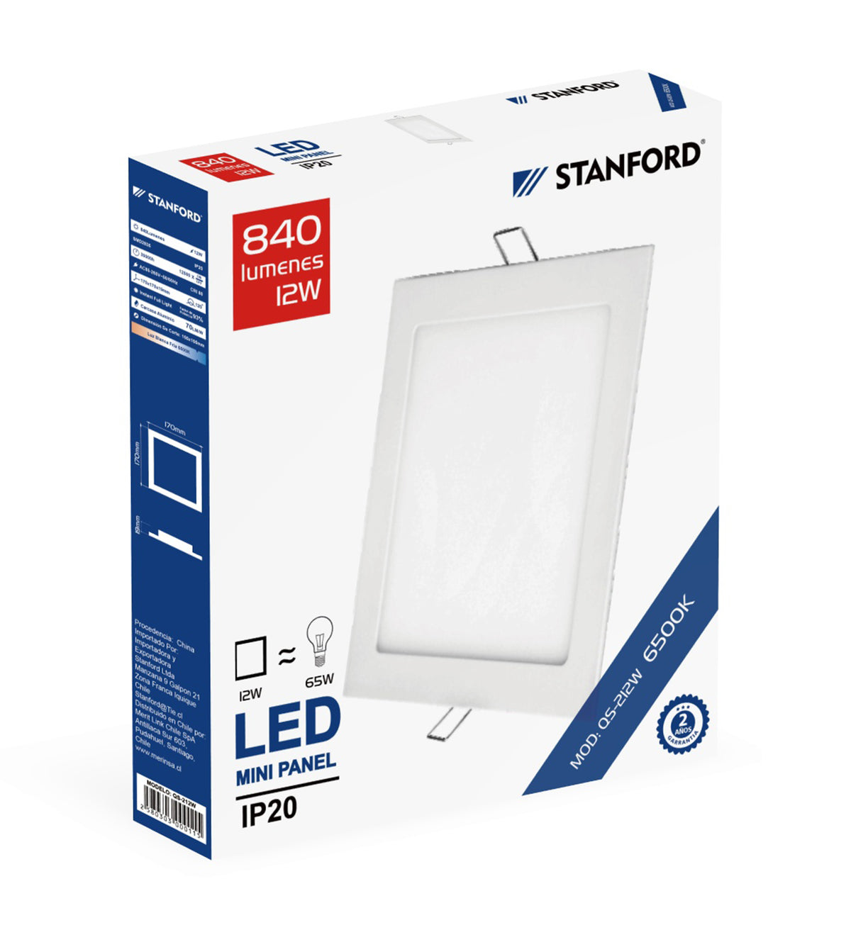 Panel LED Cuadrado Embutido 12W Luz Fría 6500K Foco Techo