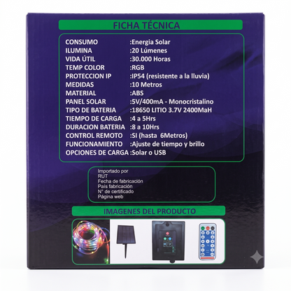 Tira Led Solar 10mts RGB IP65 con Estaca Panel