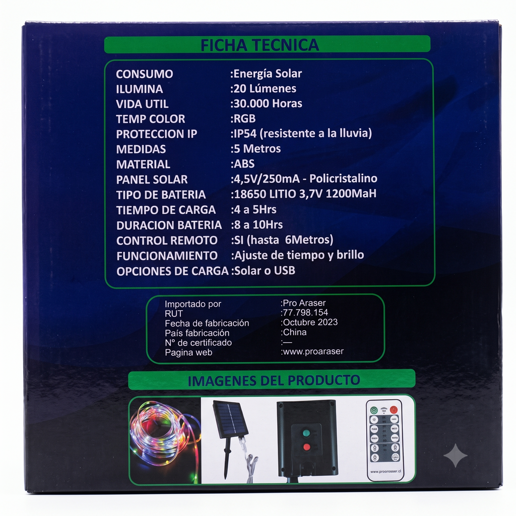 Tira LED Solar 5mts RGB IP54 con Estaca Panel