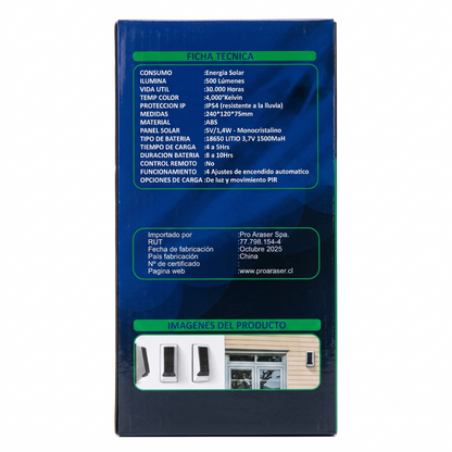 Luz Solar LED RECTANGULAR con Sensor de Movimiento PIR Exterior impermeable IP54