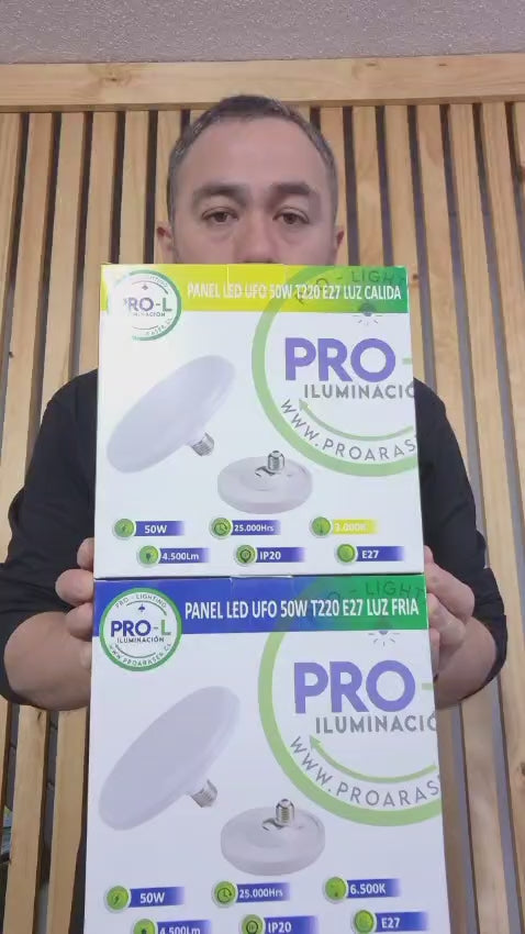 Ampolleta LED Foco Panel UFO Alta Potencia 50W Fría 22cm T220 E27